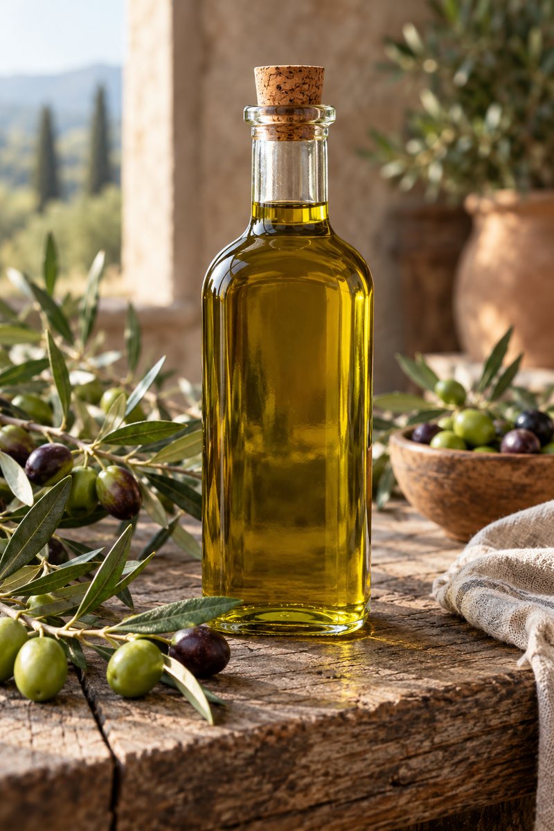 Botella de aceite de oliva virgen extra entre ramas de olivo