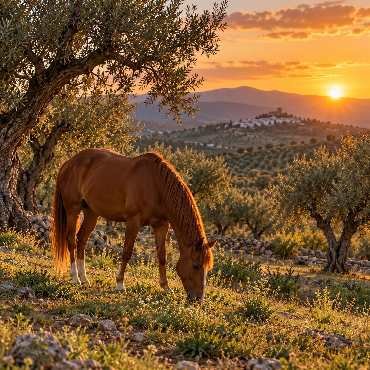 Caballo pastando entre olivos