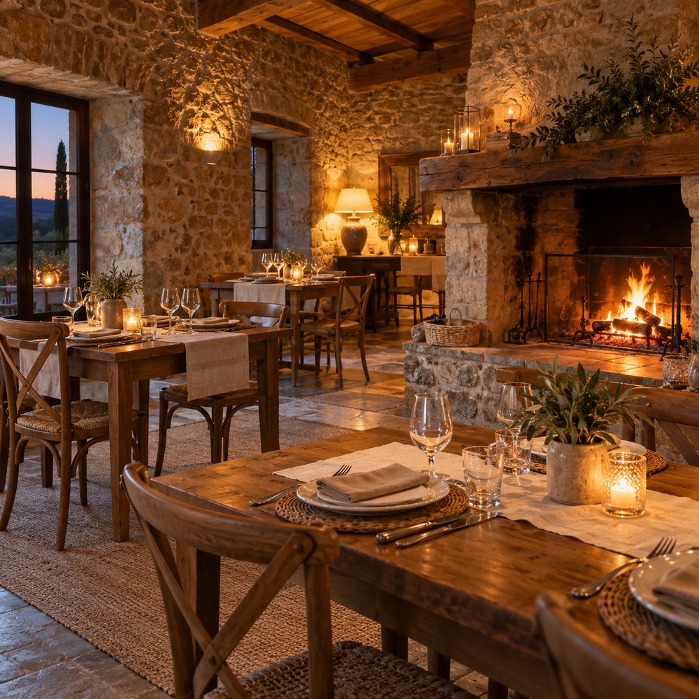 Comedor de piedra con chimenea