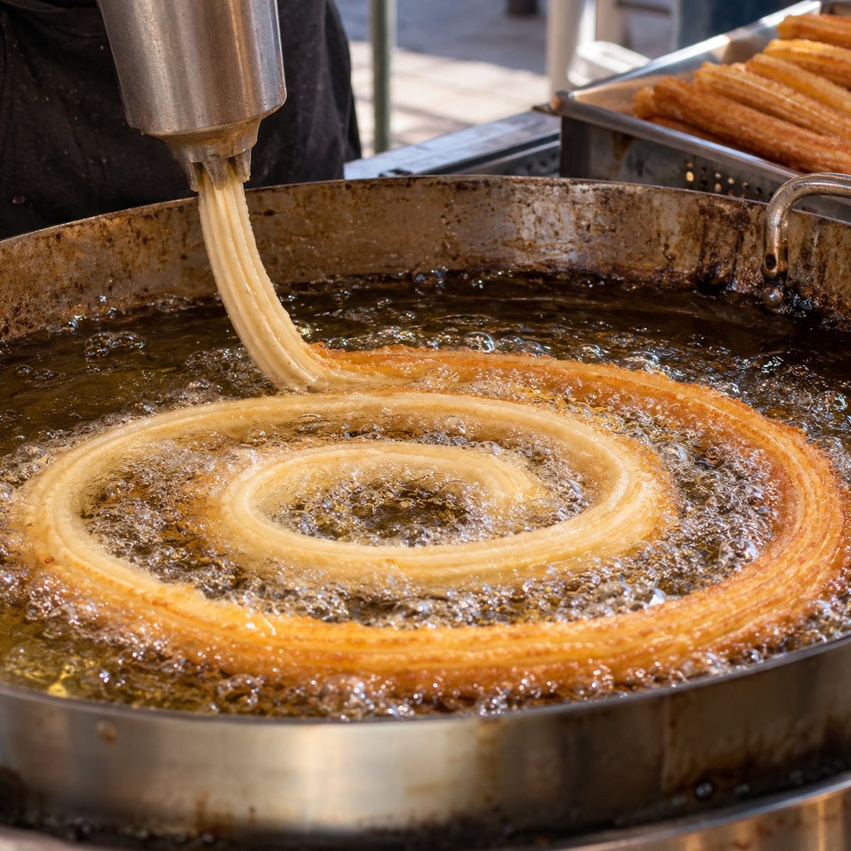 Churros friéndose en espiral