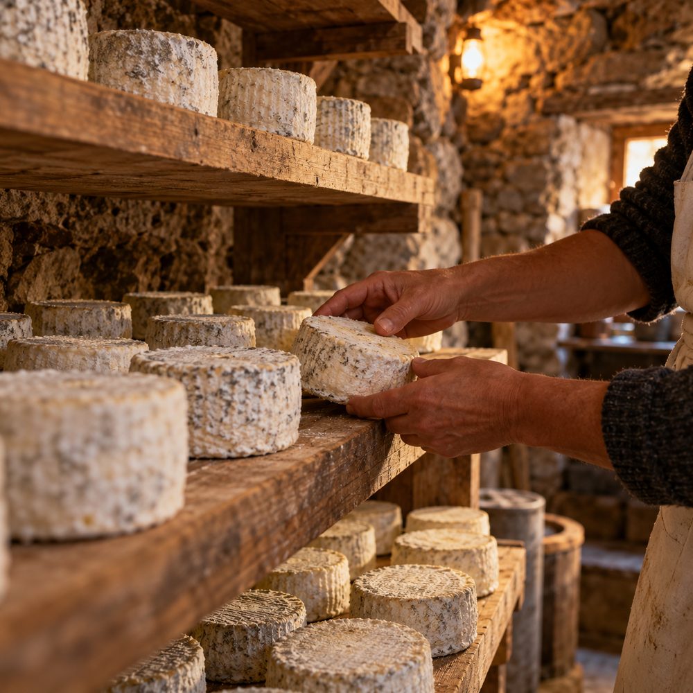 Quesos madurando en la cava