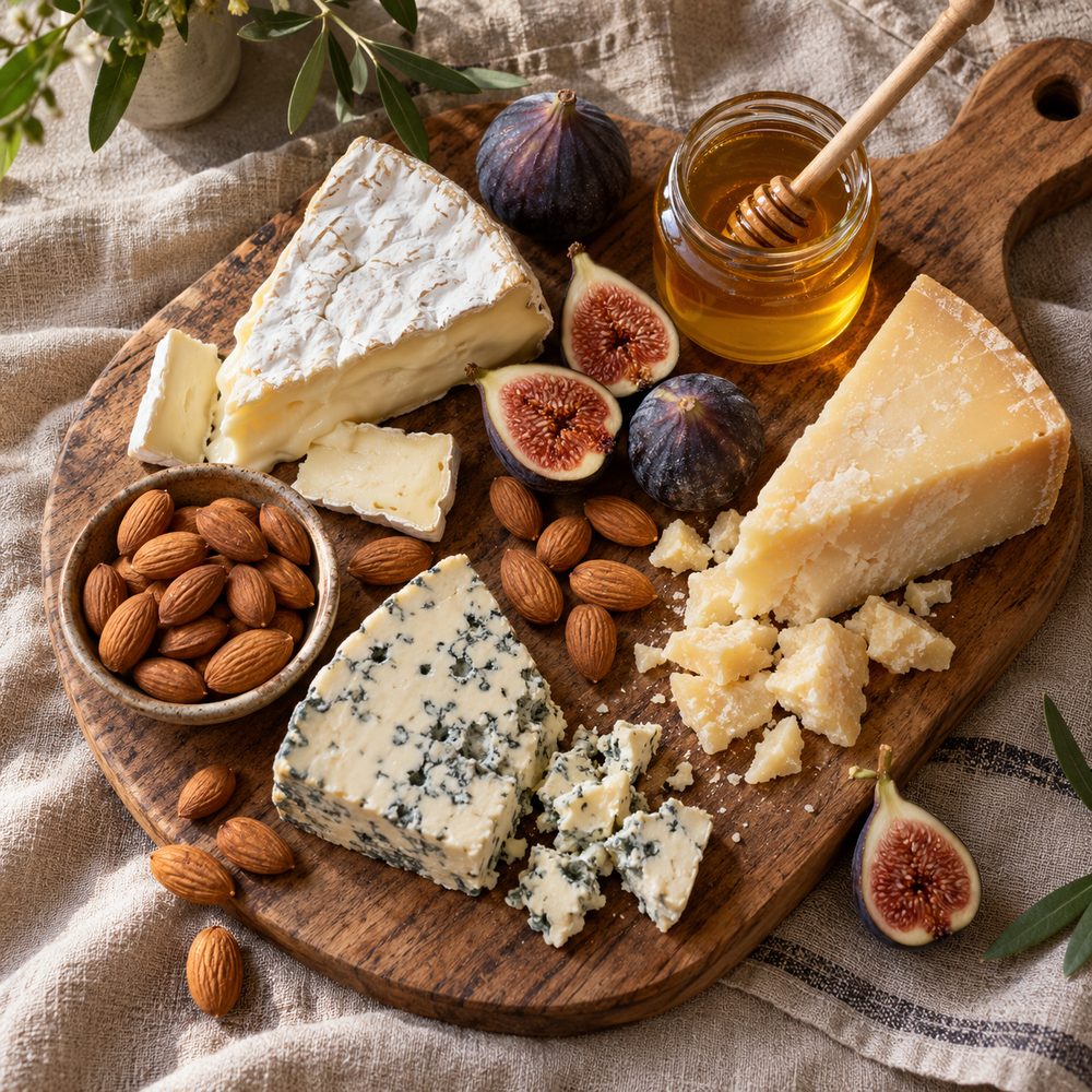 Tabla de quesos con miel y almendras