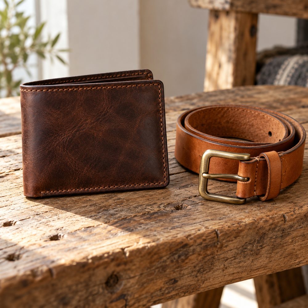 Cartera y cinturón de piel